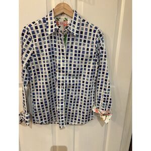 Tizzie Women's Blue & White Button Up Geometric & Floral Pattern  ~ Size Medium